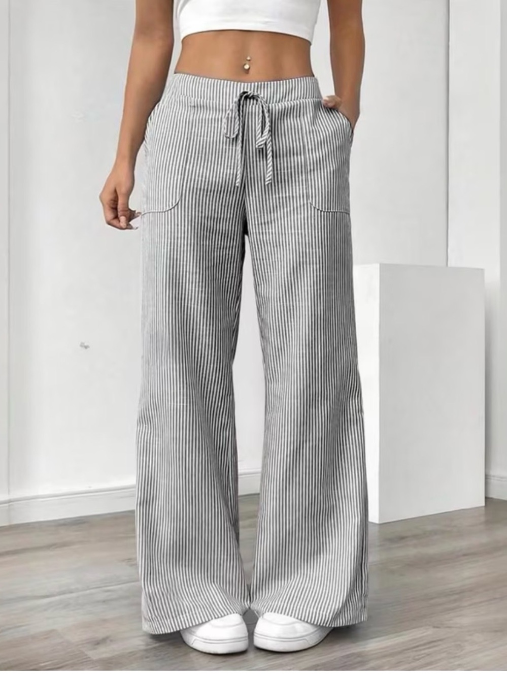 Just Living Navy Pinstripe Wide-Leg Drawstring Pants SO SOFT!